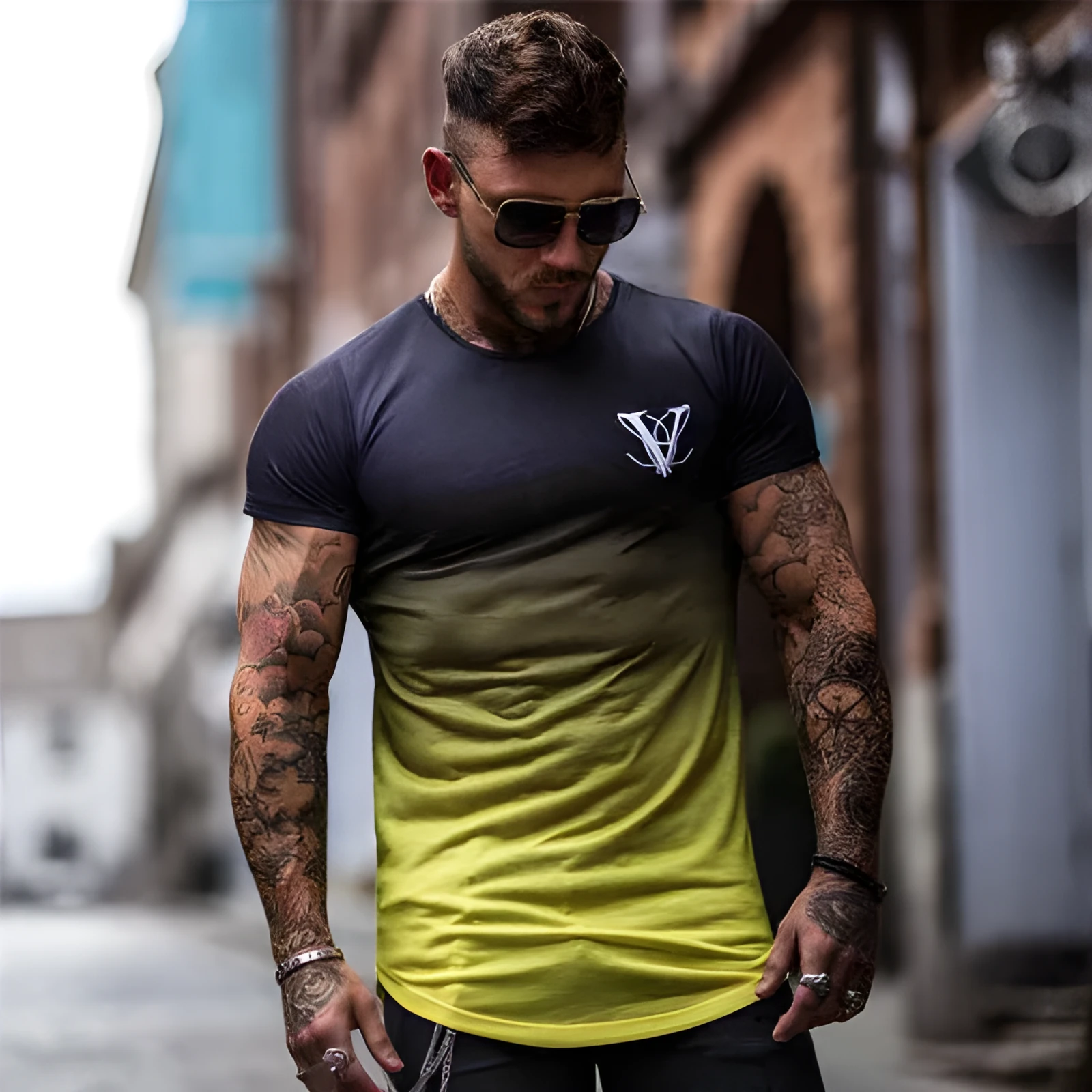 Men's 95% cotton muscle fitness top short sleeve crew neck t-shirt in black blue for gym training