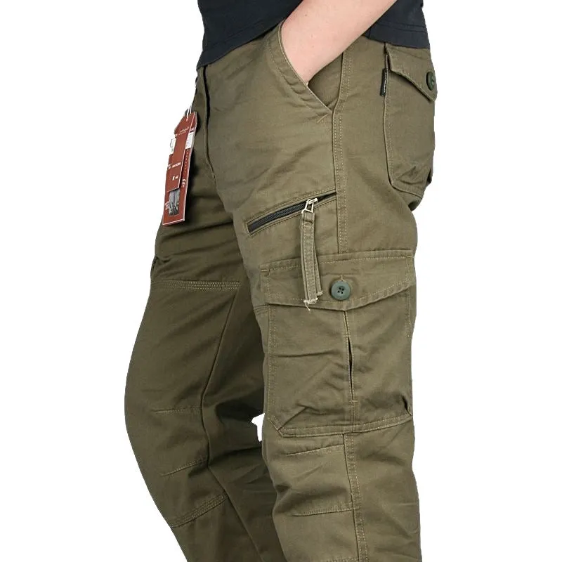 Men's loose fit spring autumn outdoor overalls in khaki cotton blend with zip placket fly