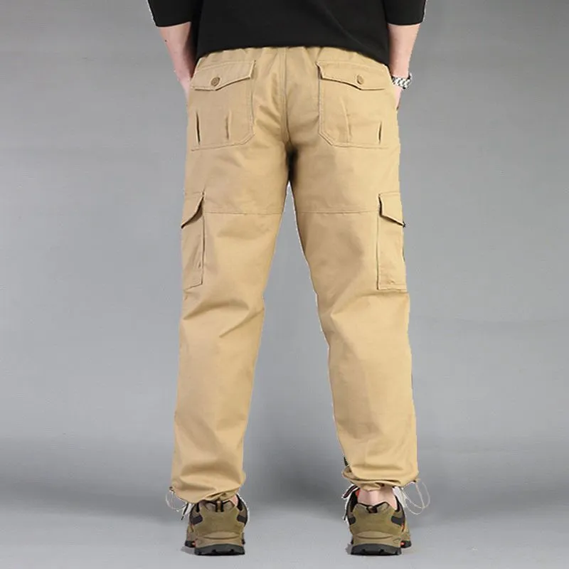 Men's loose fit spring autumn outdoor overalls in khaki cotton blend with zip placket fly