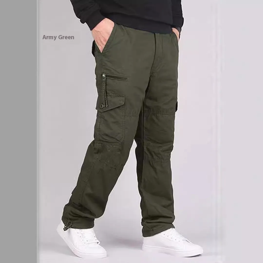 Men's loose fit spring autumn outdoor overalls in khaki cotton blend with zip placket fly