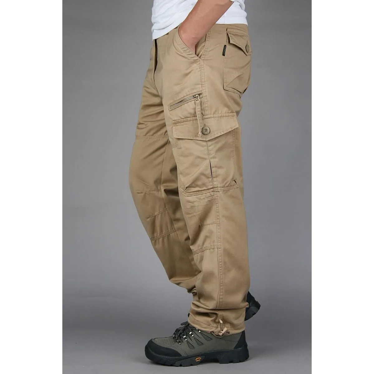 Men's loose fit spring autumn outdoor overalls in khaki cotton blend with zip placket fly