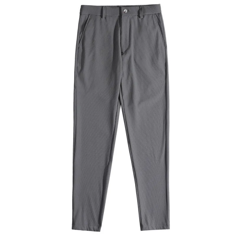 Men's casual straight-leg dark pattern ice silk cropped pants with ankle tie in grey stripe, loose fit, mid waist.