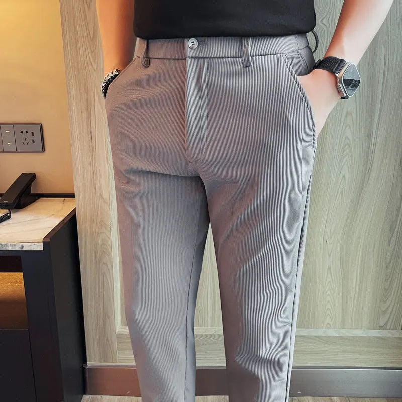 Men's casual straight-leg dark pattern ice silk cropped pants with ankle tie in grey stripe, loose fit, mid waist.