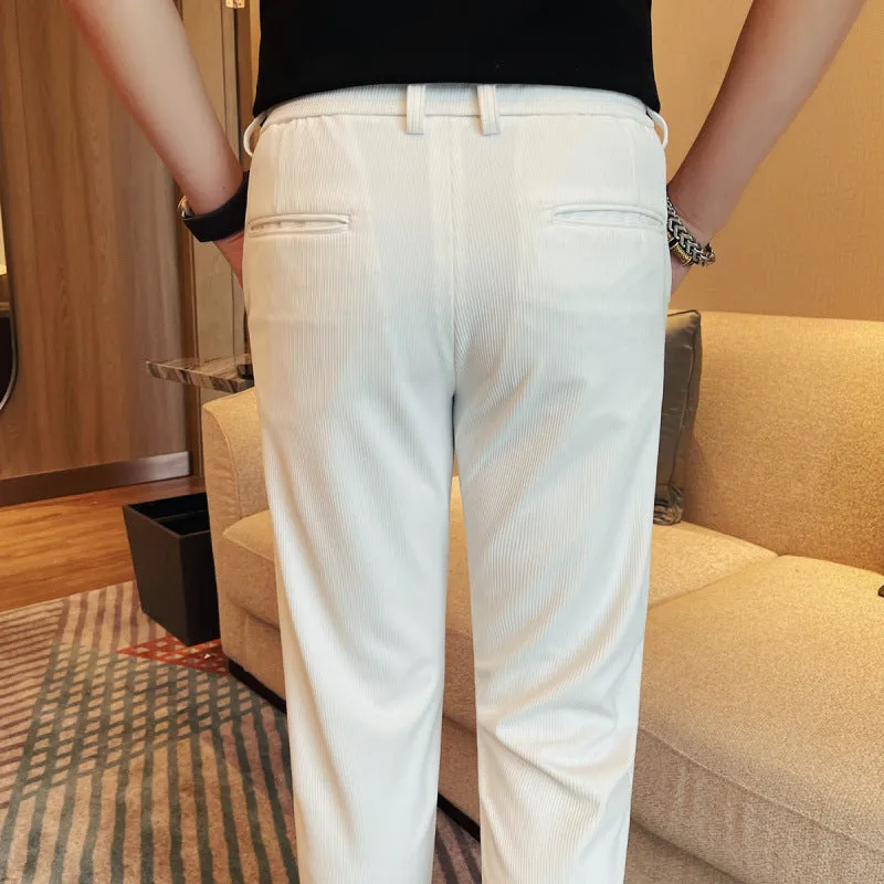 Men's casual straight-leg dark pattern ice silk cropped pants with ankle tie in grey stripe, loose fit, mid waist.