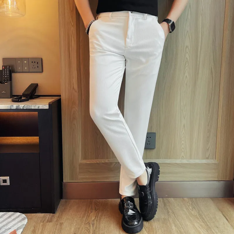 Men's casual straight-leg dark pattern ice silk cropped pants with ankle tie in grey stripe, loose fit, mid waist.
