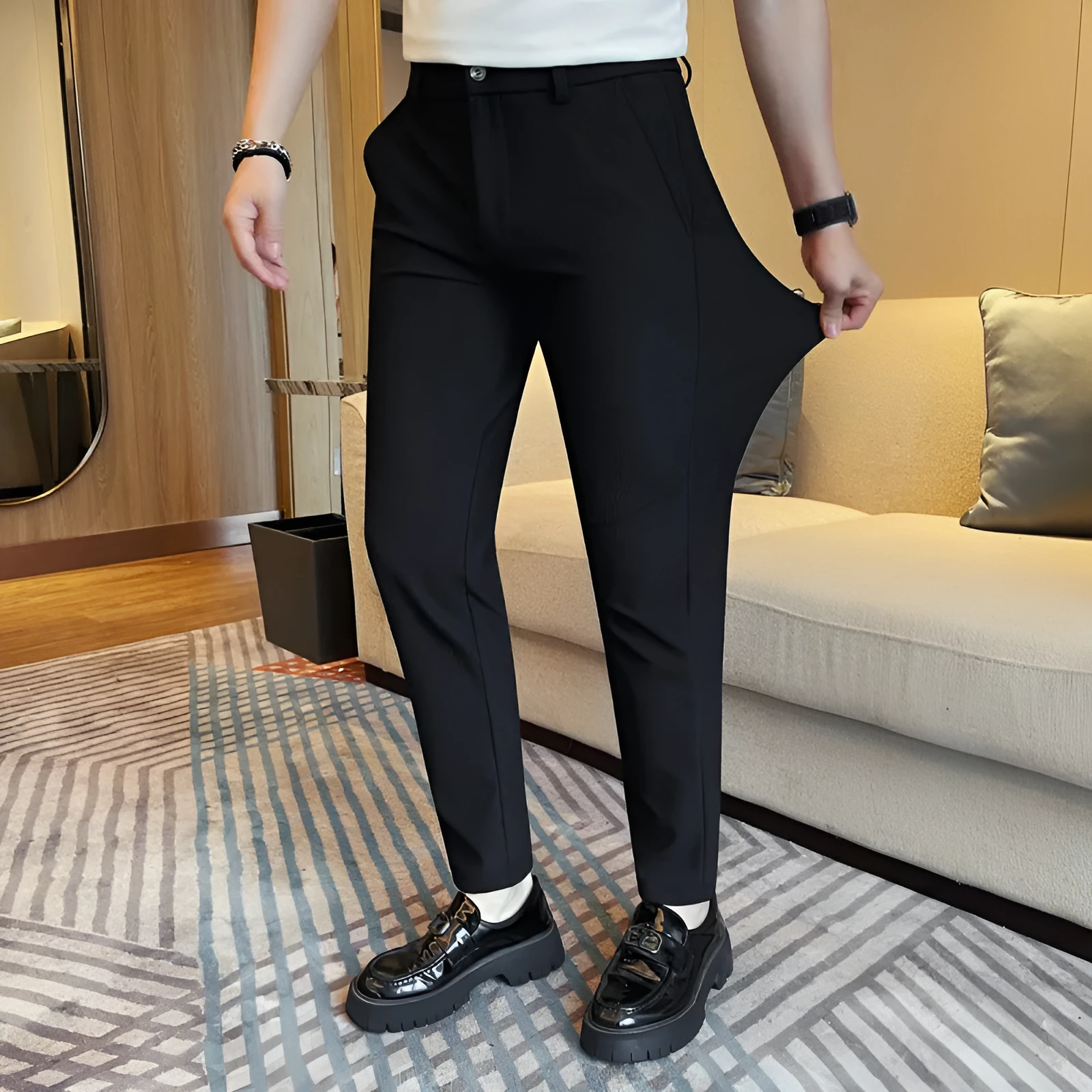 Men's casual straight-leg dark pattern ice silk cropped pants with ankle tie in grey stripe, loose fit, mid waist.
