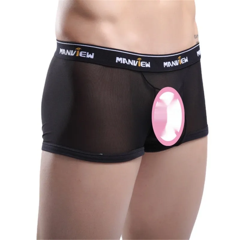 Men's solid colour mesh boxer shorts showing breathable fabric construction