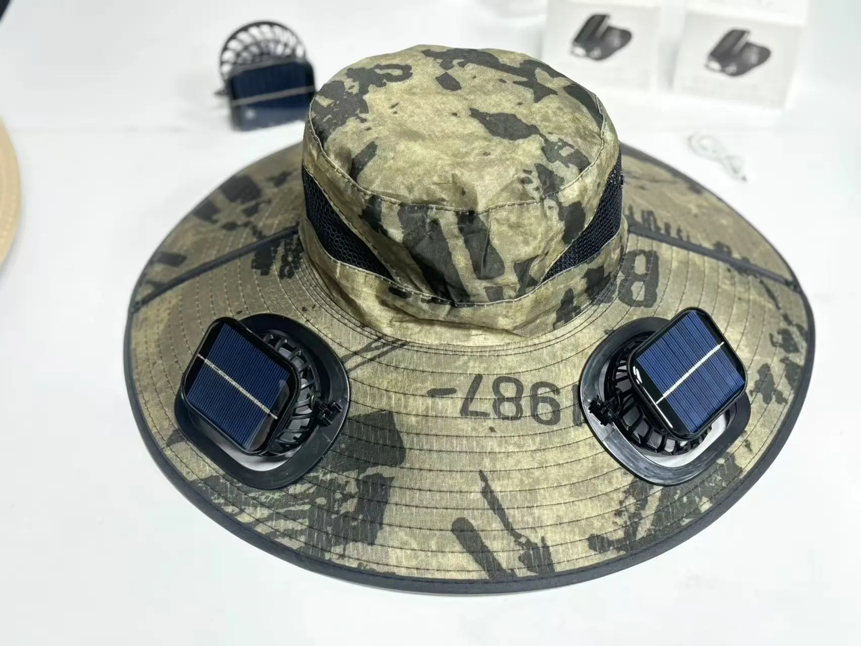 Men's big brim fishing hat with UV protection, breathable acrylic fabric, dome crown, machine embroidery, square camouflage pattern