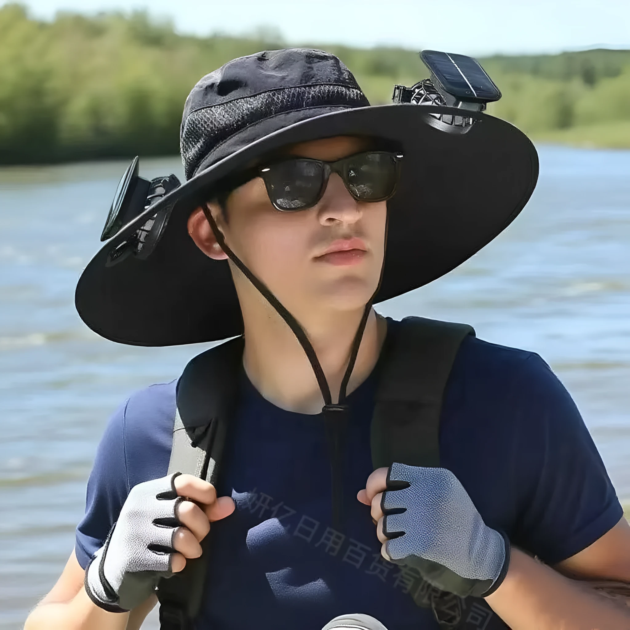 Men's big brim fishing hat with UV protection, breathable acrylic fabric, dome crown, machine embroidery, square camouflage pattern
