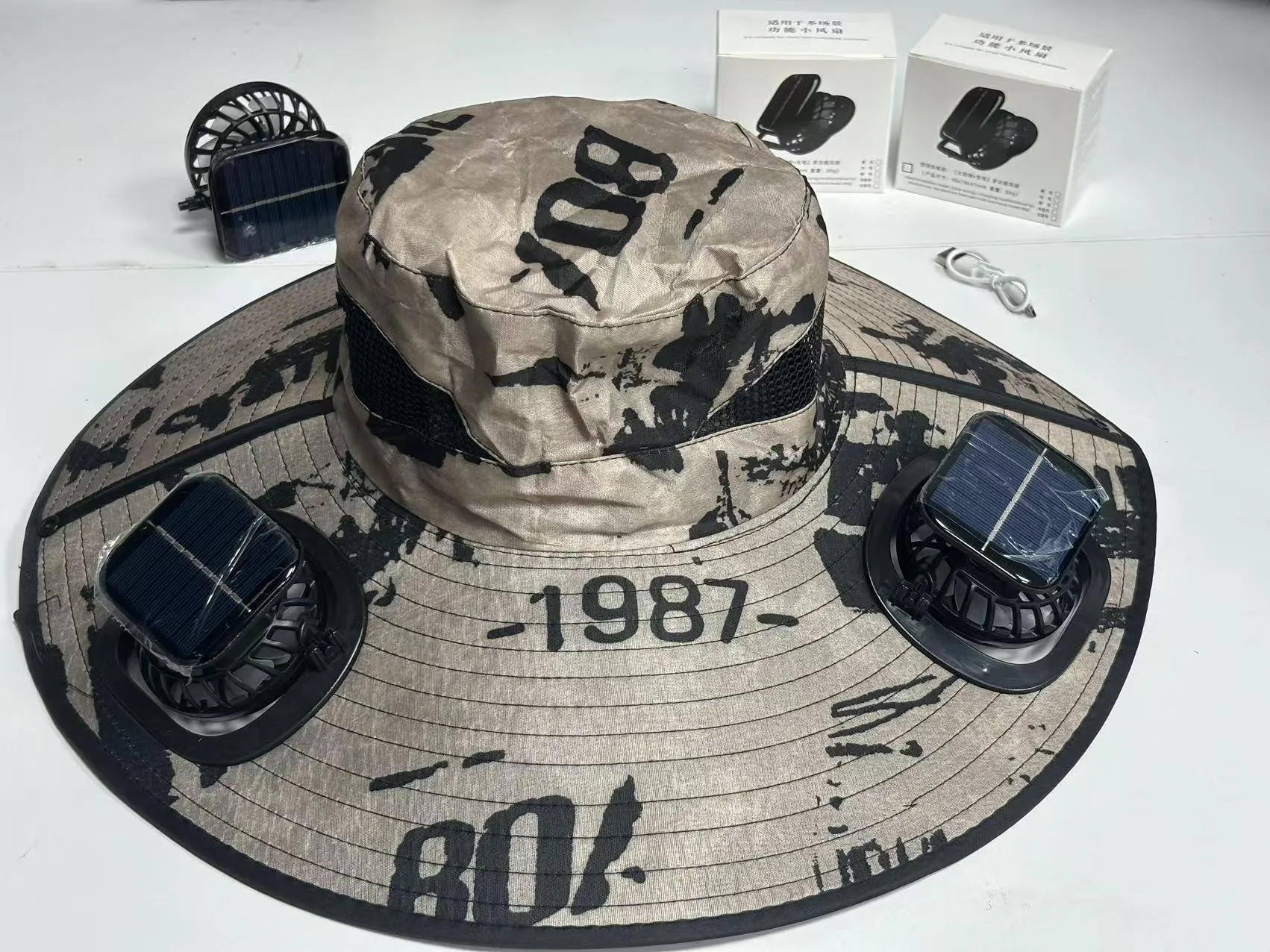 Men's big brim fishing hat with UV protection, breathable acrylic fabric, dome crown, machine embroidery, square camouflage pattern