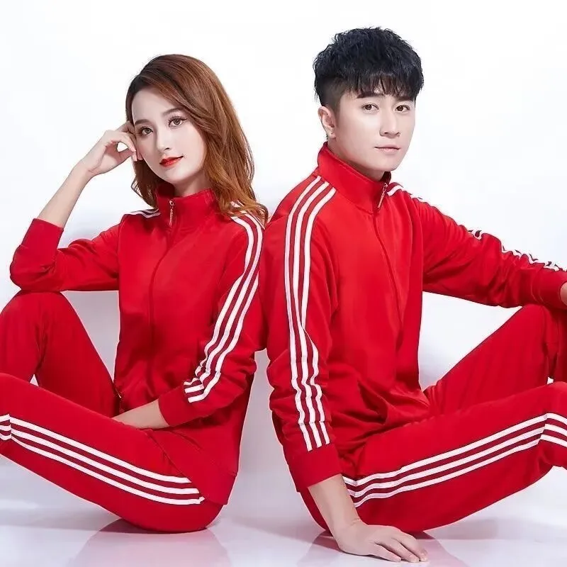 Navy blue loose-fit cotton blend cardigan suit for men and women with ankle-tied trousers.