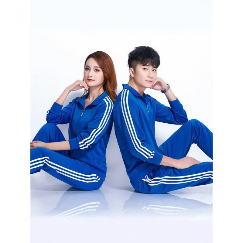 Navy blue loose-fit cotton blend cardigan suit for men and women with ankle-tied trousers.