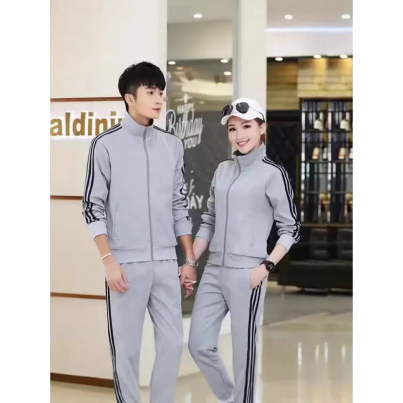Navy blue loose-fit cotton blend cardigan suit for men and women with ankle-tied trousers.