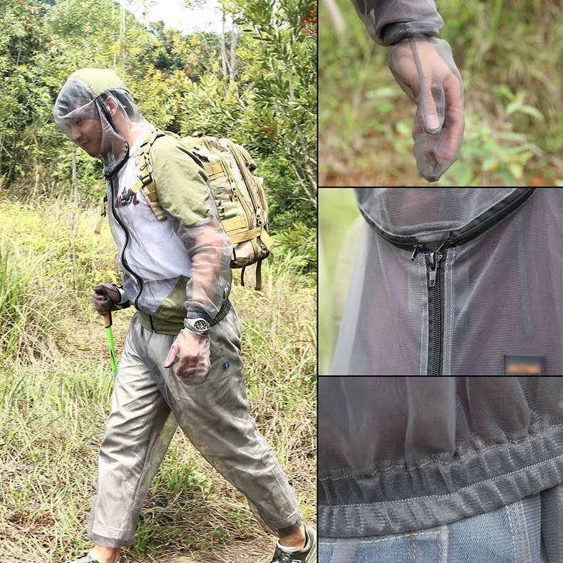 Men's anti-mosquito plaid mesh coat in gray for outdoor cycling and hiking