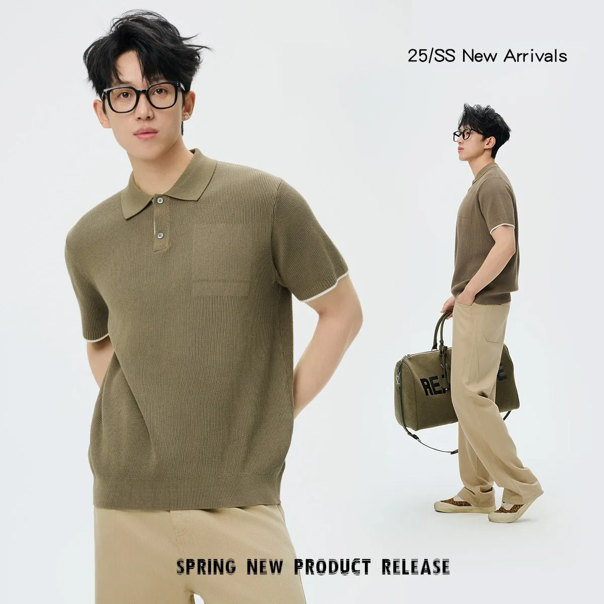Men's summer business casual sweater with contrast colour lapels, short sleeves, solid colour, polyester fabric