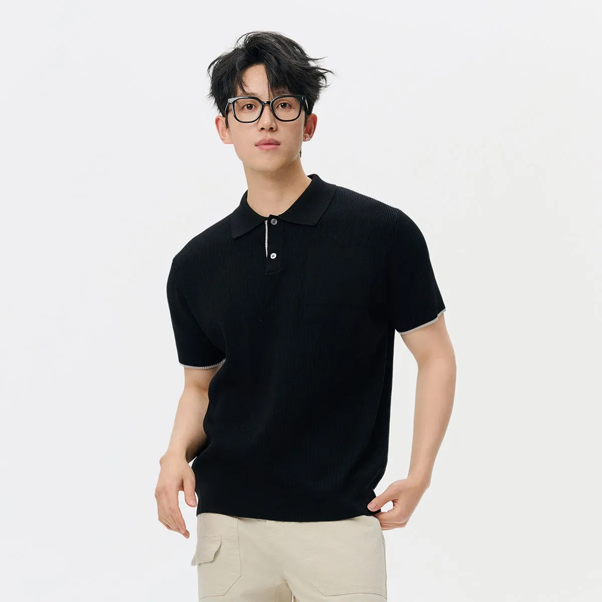Men's summer business casual sweater with contrast colour lapels, short sleeves, solid colour, polyester fabric