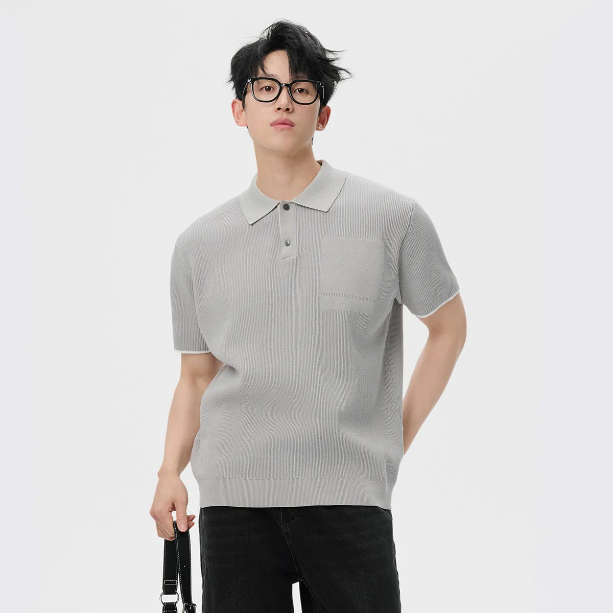 Men's summer business casual sweater with contrast colour lapels, short sleeves, solid colour, polyester fabric