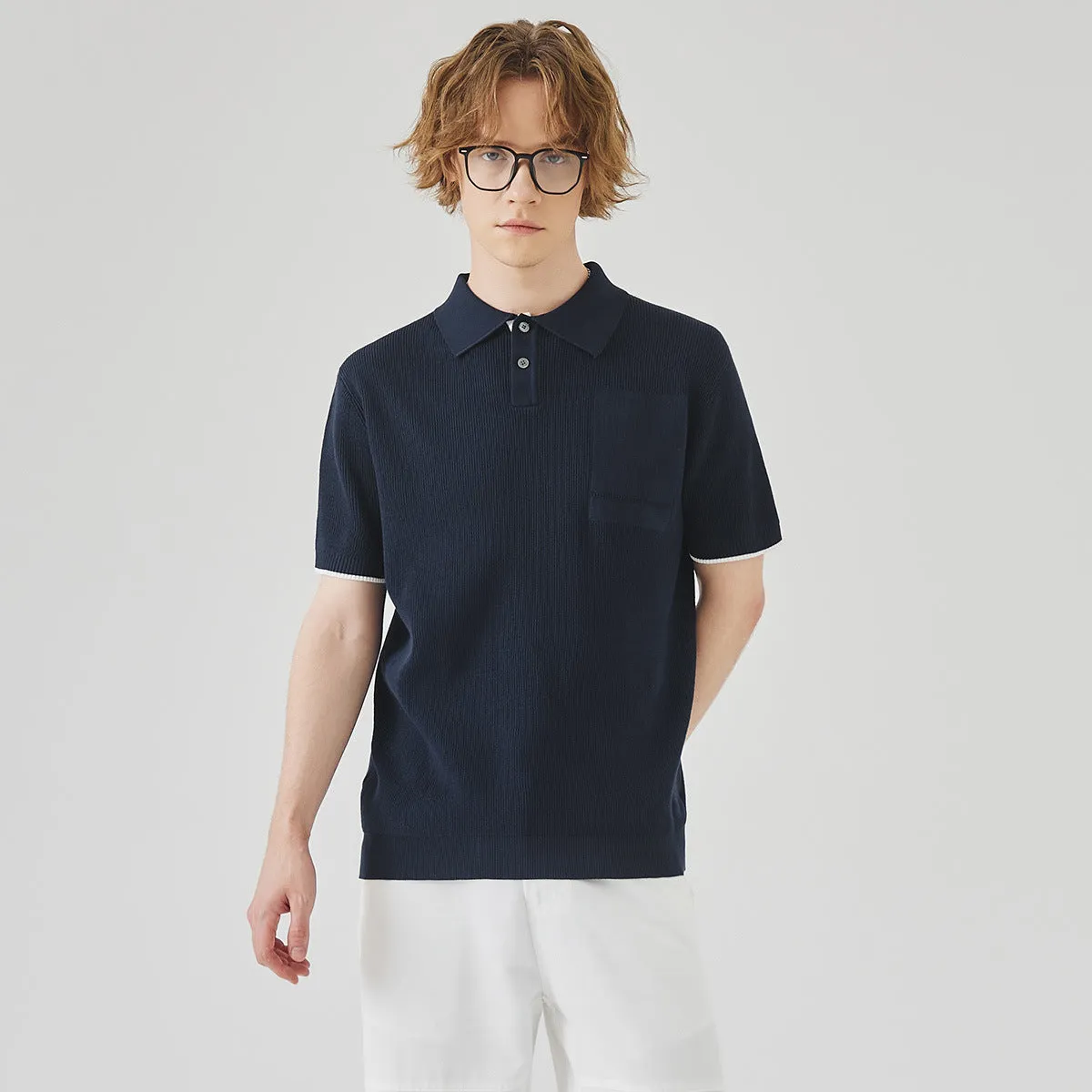 Men's summer business casual sweater with contrast colour lapels, short sleeves, solid colour, polyester fabric