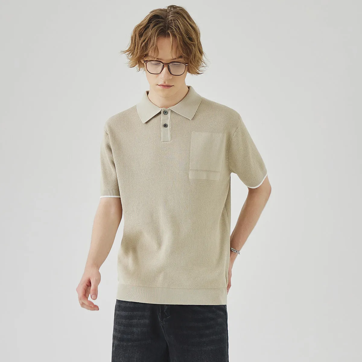 Men's summer business casual sweater with contrast colour lapels, short sleeves, solid colour, polyester fabric