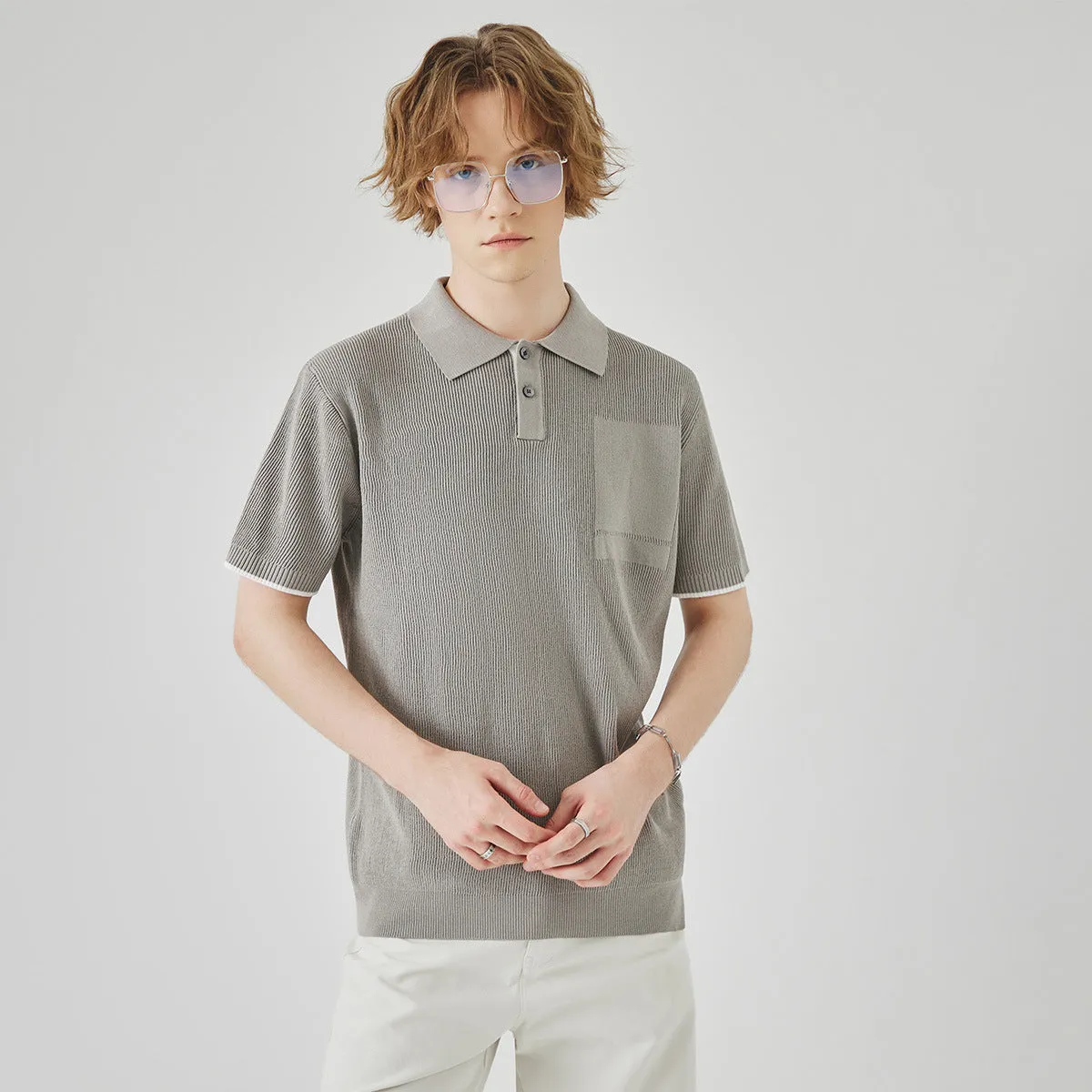 Men's summer business casual sweater with contrast colour lapels, short sleeves, solid colour, polyester fabric