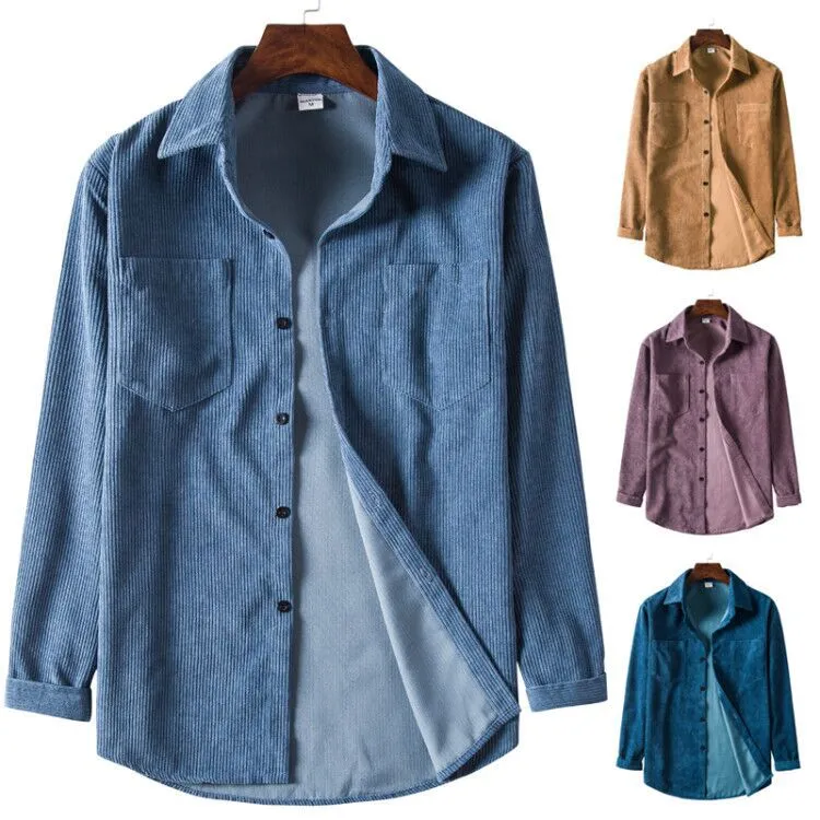 Men's fitted yellow corduroy cardigan with pointed collar and long sleeves on a plain background