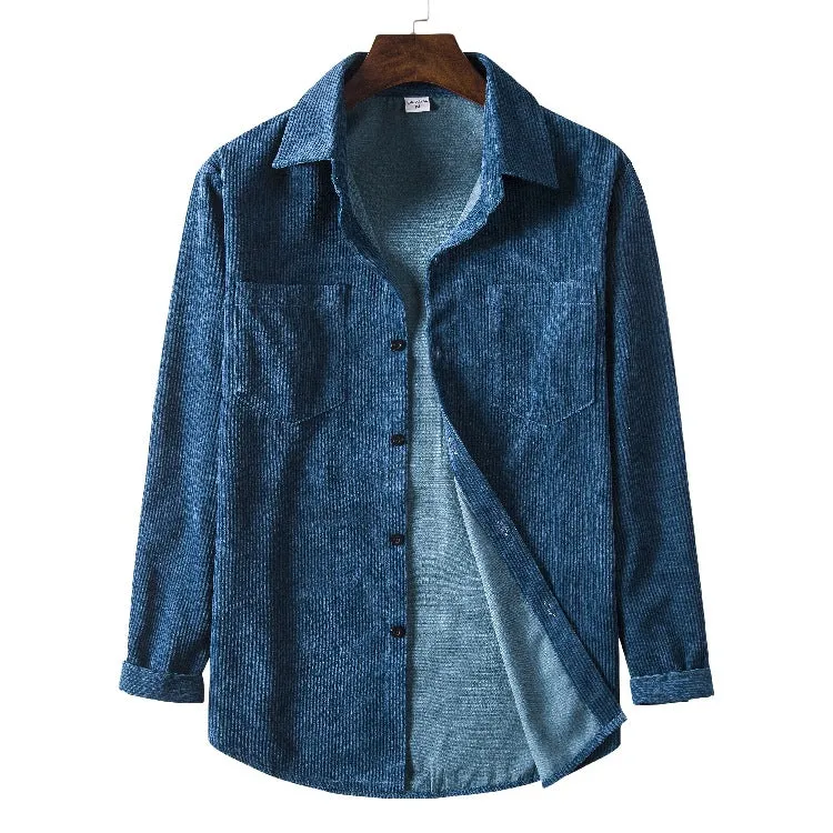 Men's fitted yellow corduroy cardigan with pointed collar and long sleeves on a plain background