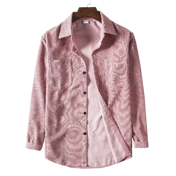 Men's fitted yellow corduroy cardigan with pointed collar and long sleeves on a plain background