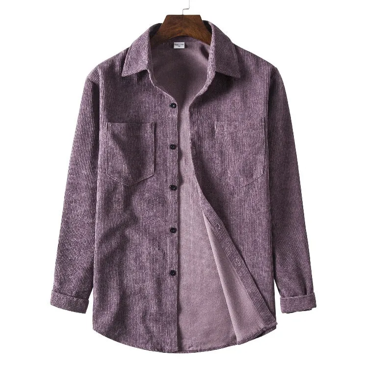 Men's fitted yellow corduroy cardigan with pointed collar and long sleeves on a plain background