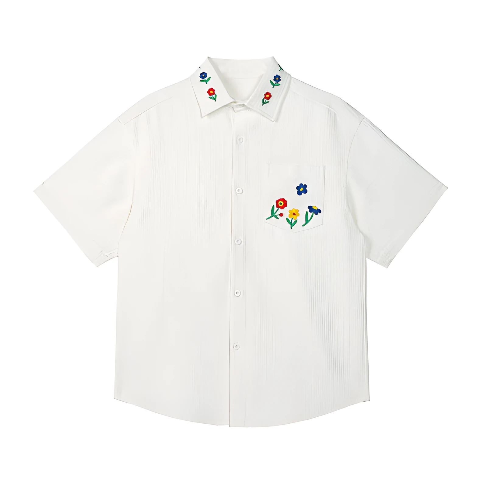 Embroidered short sleeve shirt in black with loose fit, polyester fabric, size M to 5XL