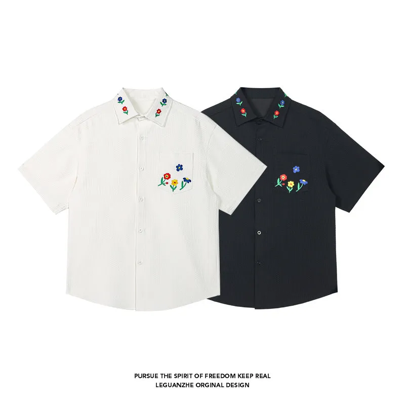 Embroidered short sleeve shirt in black with loose fit, polyester fabric, size M to 5XL