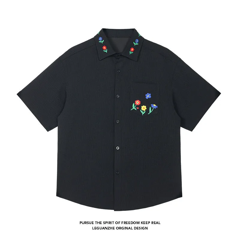 Embroidered short sleeve shirt in black with loose fit, polyester fabric, size M to 5XL