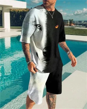 Men's short-sleeved sports and leisure two-piece suit in polyester blend, sizes S-6XL