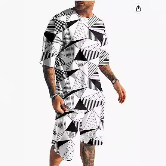 Men's short-sleeved sports and leisure two-piece suit in polyester blend, sizes S-6XL