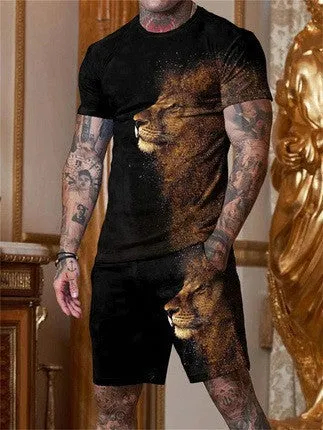 Men's short-sleeved sports and leisure two-piece suit in polyester blend, sizes S-6XL