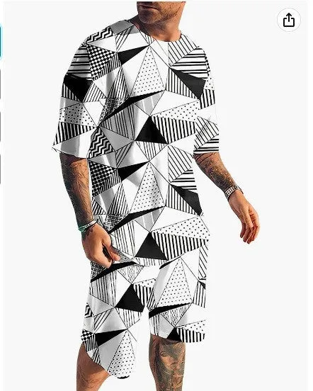 Men's short-sleeved sports and leisure two-piece suit in polyester blend, sizes S-6XL
