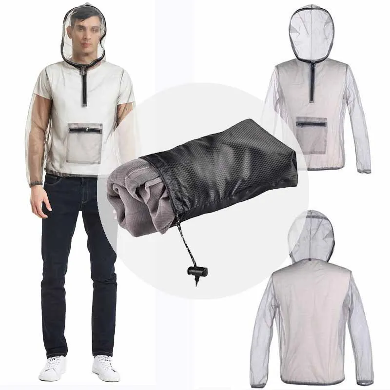 Gray mesh insect bite jacket for outdoor camping, hiking, and fishing