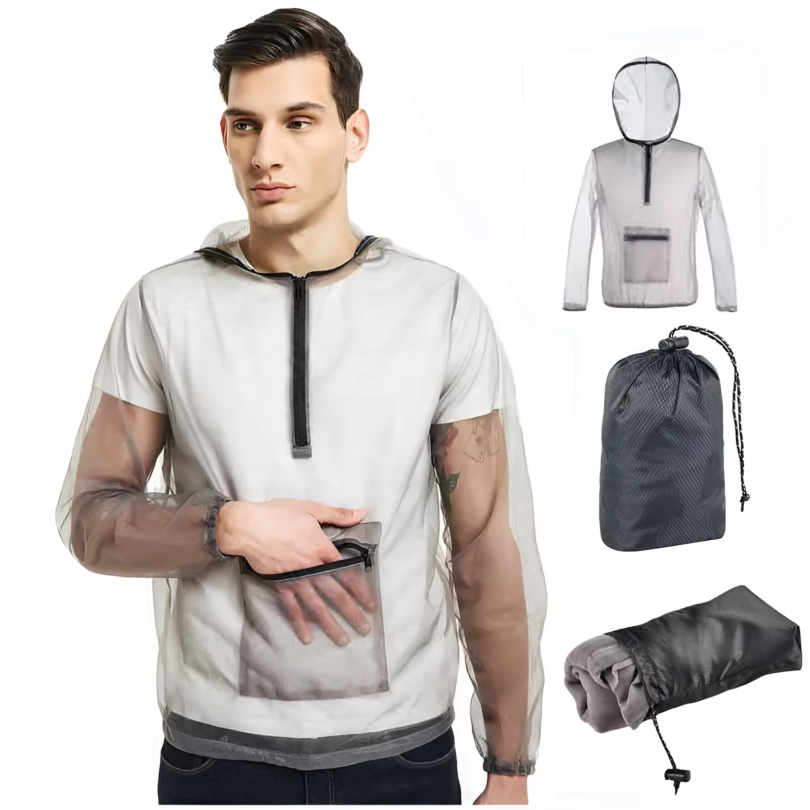 Gray mesh insect bite jacket for outdoor camping, hiking, and fishing