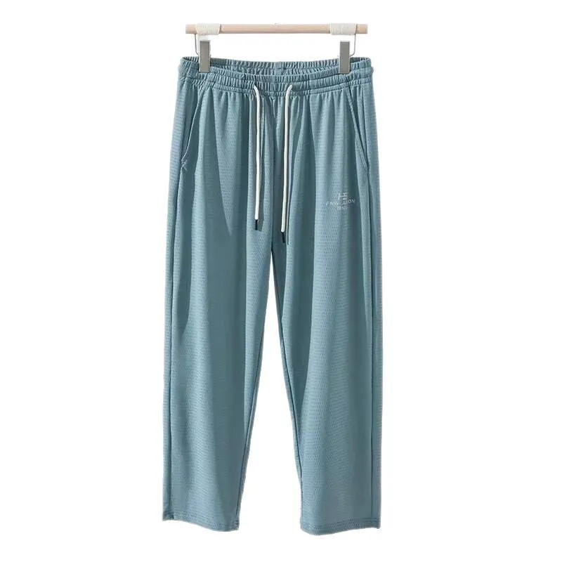 Men's thin grey ice silk casual trousers with a loose straight-leg fit and ankle-tied detail.