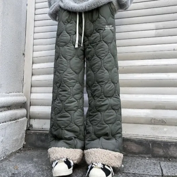 Winter cotton-padded waterproof patchwork lambskin cotton pants in black, side view
