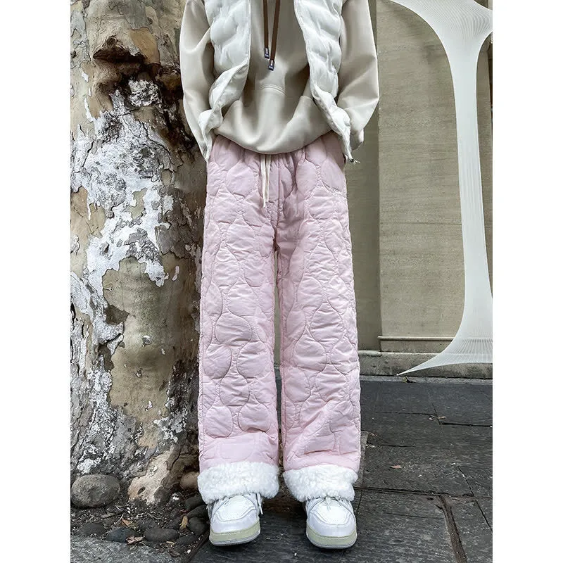 Winter cotton-padded waterproof patchwork lambskin cotton pants in black, side view