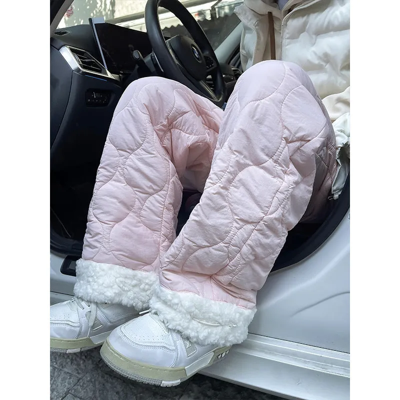 Winter cotton-padded waterproof patchwork lambskin cotton pants in black, side view