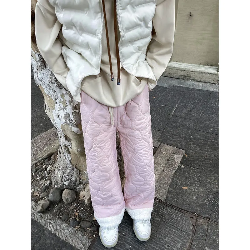 Winter cotton-padded waterproof patchwork lambskin cotton pants in black, side view