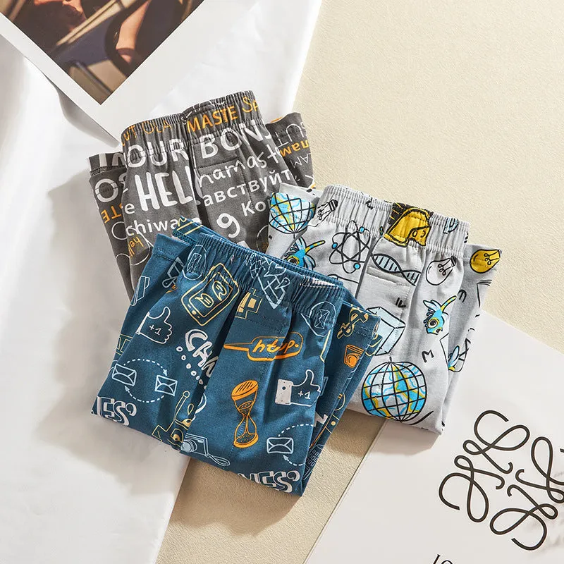 Men's cotton boxer shorts showing pattern options including Beast Carnival, floral, and space travel designs