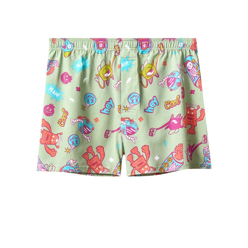 Men's cotton boxer shorts showing pattern options including Beast Carnival, floral, and space travel designs