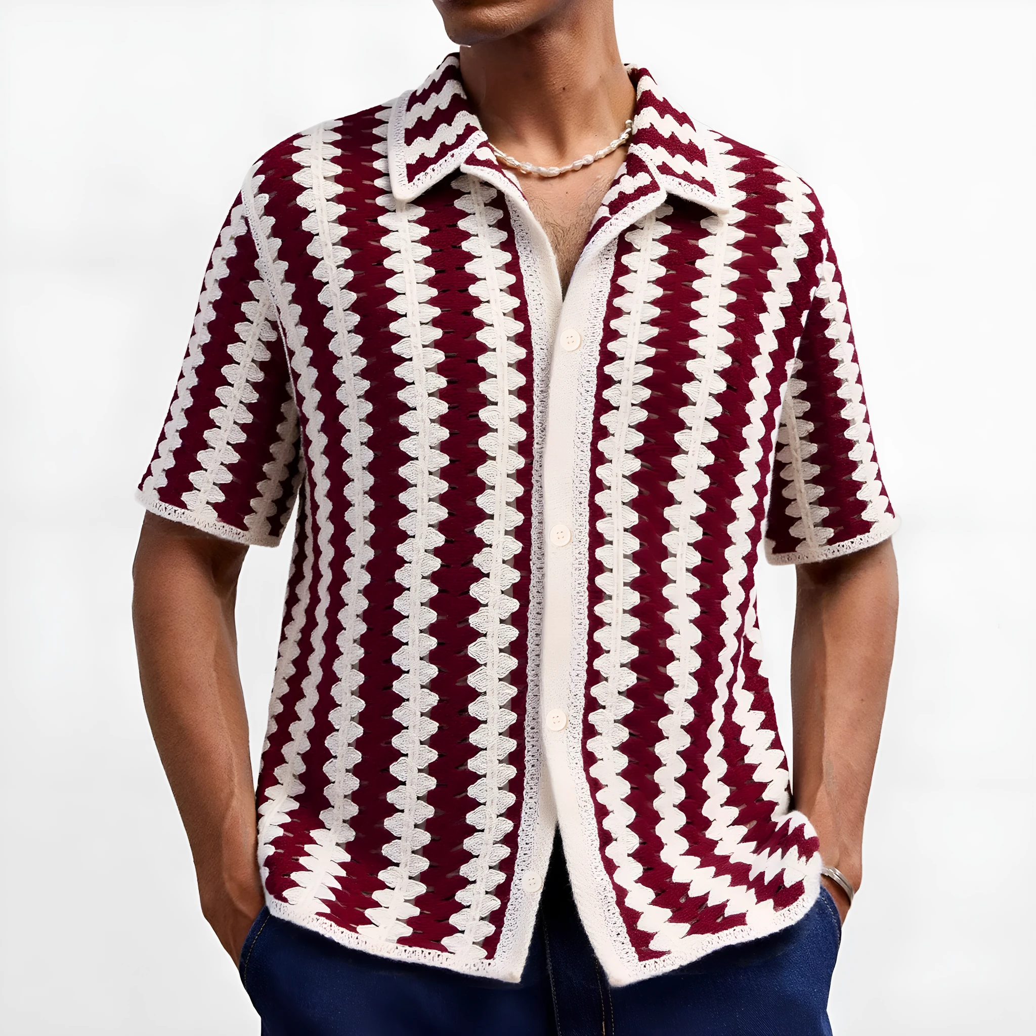 Red crocheted short-sleeved hollow shirt with vintage stripes and flocking detail on a woman