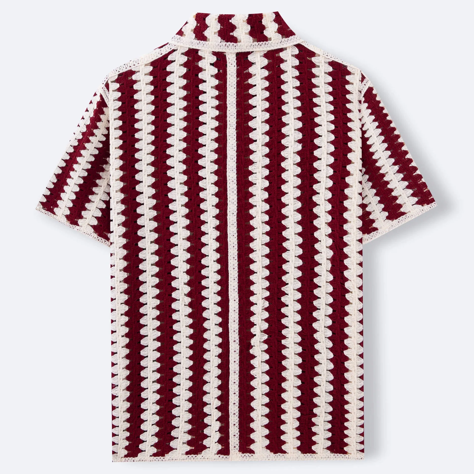 Red crocheted short-sleeved hollow shirt with vintage stripes and flocking detail on a woman
