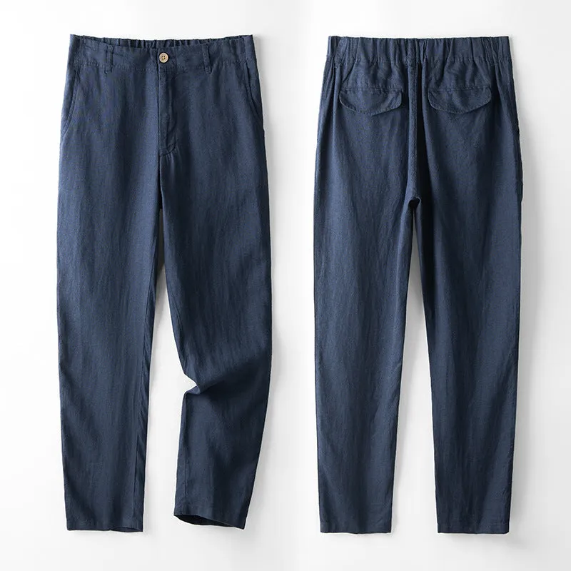 Linen men's casual pants in gray, straight leg, mid waist, for spring and summer