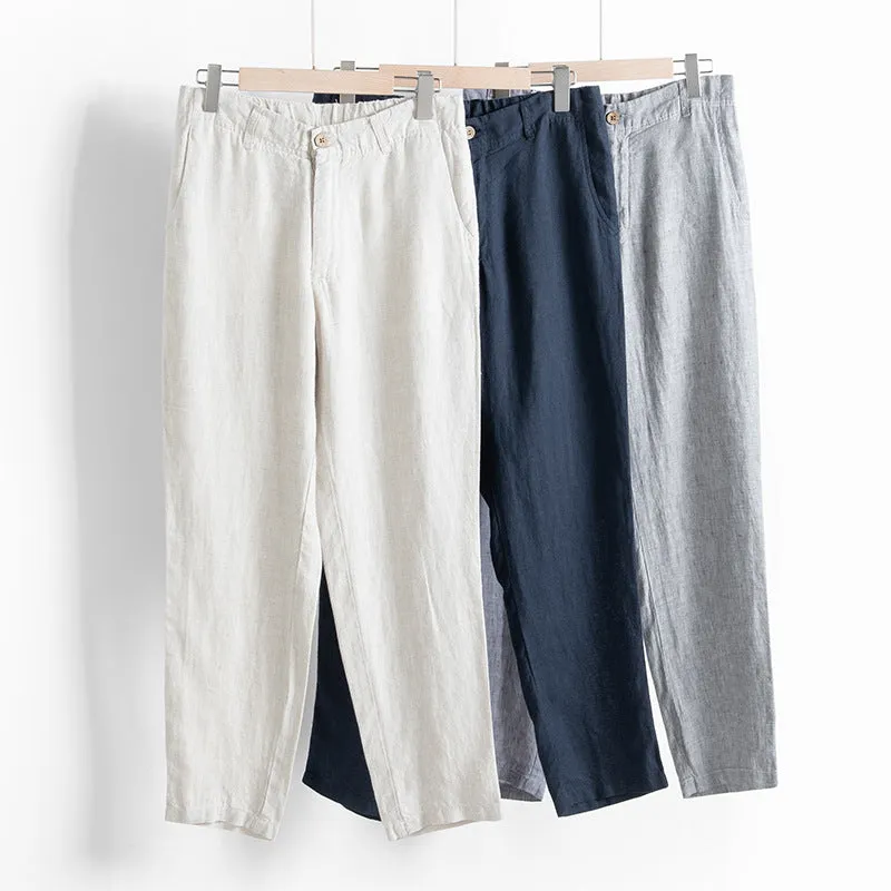 Linen men's casual pants in gray, straight leg, mid waist, for spring and summer