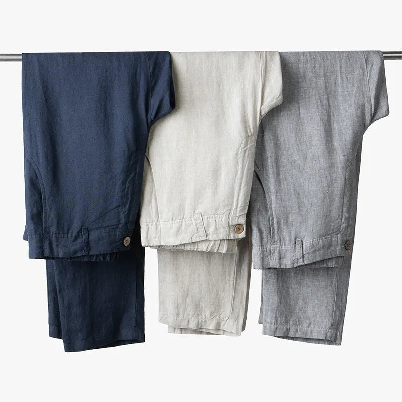 Linen men's casual pants in gray, straight leg, mid waist, for spring and summer