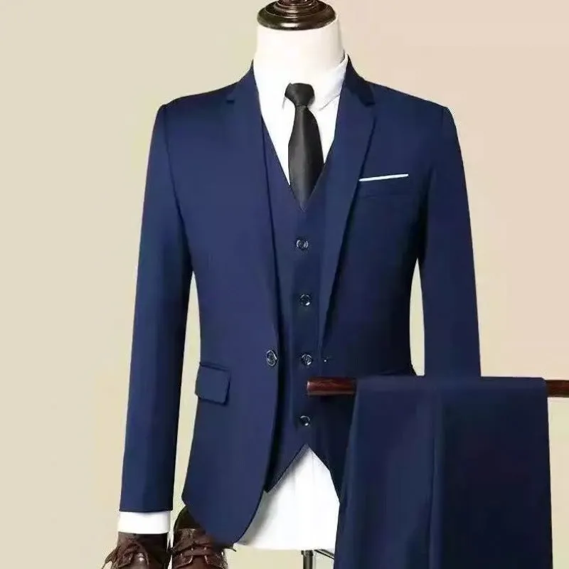 Men's three-piece business suit set in Korean slim fit style with trousers and matching tie